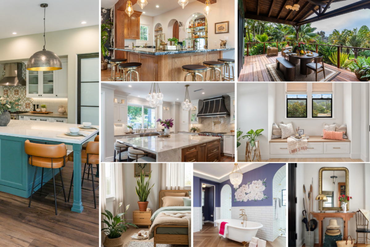 Collage of stylish San Diego interiors including kitchens, bathrooms, bedrooms, and outdoor spaces showcasing current design trends